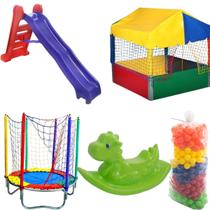 Kit infantil Escorregador GRANDE 4 degraus + Cama PULA PULA Infantil 1,40 + Casinha de bolinhas 1,5 + 1000 BOLAS + Balanço Dino Rex