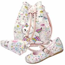 Kit Infantil Feminino Sapatilha, Bolsa E Estojo Gatinho Arco-Íris, Magicc Kids