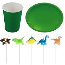 Kit Infantil Festa Dinossauros Com Copo Prato Verdes e Vela