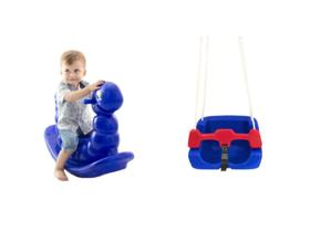 Kit Infantil Gangorra Minhoca Nhoca e Balanço Confortável e Seguro Quadrado- Conjunto Azul