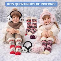 Kit Infantil Inverno Par de Meia Térmica Felpuda Antiderrapante mais Protetor de Ouvido Pelúcia Animais Criança Kit Meia e Protetor de Orelhas Frio