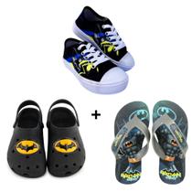 Kit Infantil Masculino Tênis Chinelo Babuche Personagem Batman para Meninos Macio Confortável Leve