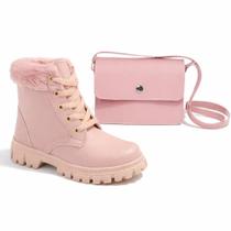 Kit infantil meninas bota coturno confortável e bolsa transversal moderna estilosa