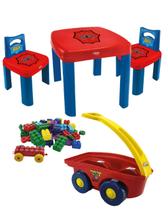 Kit Infantil Mesa Homem Aranha 2 Cadeiras + Carrinho Com Blocos de Montar