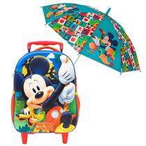 Kit Infantil Mickey Mochila de Rodinhas 422717 cm em Poliéster e PVC 3D GuardaChuva Automático Praticidade e Cor