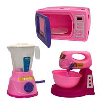 Kit Infantil Mini Confeitaria com Liquidificador, Batedeira e Micro-ondas Brinquedo