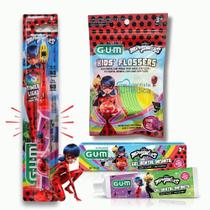 Kit Infantil Miraculous GUM Escova Dental c/ Luz + Gel Dental + Flosser