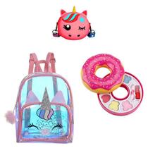 Kit Infantil Mochila Holográfica Bolsa e Maquiagem Donuts