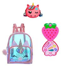 Kit Infantil Mochila Holográfica Bolsa e Maquiagem Morango