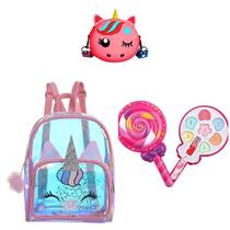 Kit Infantil Mochila Holográfica Bolsa e Maquiagem Pirulito