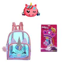 Kit Infantil Mochila Holográfica Bolsa e Maquiagem Princesa