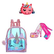 Kit Infantil Mochila Holográfica Bolsa e Maquiagem Sapato