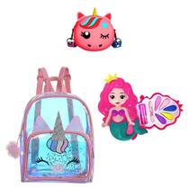 Kit Infantil Mochila Holográfica Bolsa e Maquiagem Sereia