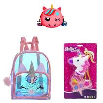 Kit Infantil Mochila Holográfica Bolsa e Maquiagem Unicórnio