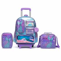 Kit Infantil Mochila Rodinhas estojo Lancheira Feminino Espaçosa Resistente