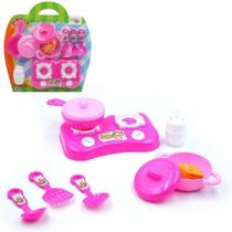 Kit infantil para cozinha de meninas na cor rosa com fogão panela utensílios talheres e acessórios