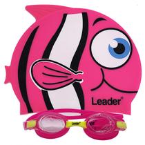 Kit Infantil Para Natação Leader Com Óculos Anti-Embaçante E Touca De Silicone Confortável De Peixe