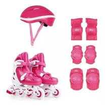 Kit Infantil Patins Roller Completo Regulável Diversão C/ Capacete Segurança Rosa P Tam 30-33 Mor