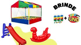 KIT Infantil Piscina 1x1 Completa 300 Bolinhas+Escorregador Médio Vermelho c/ Azul + Gangorra Nhoca Vermelho - CORTESIA Bolas e UNO 114 CARTAS