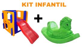 KIT INFANTIL Play Junior Escorregador Infantil Modelo Casinha Premium-Para Meninos e Meninas + 1 gangorra cavalinho verm
