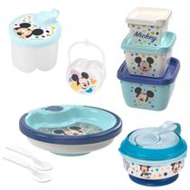 Kit infantil pote papinha com amassador, prato térmico, porta leite em pó, cj 3 potes e porta chupetas Mickey Plasutil