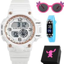 Kit Infantil Relógios Digitais Branco e Rosa Bracelete com Óculos de Sol Proteção UV Caixa Premium Presente Unissex Kit Infantil Relógios Digitais Branco e Rosa Bracelete com Óculos de Sol Proteção UV Caixa Premium Presente Unissex
