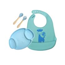 Kit Infantil Silicone Prato Formato Urso Babador Talheres Madeira Infantis Bebê Criança Papinha