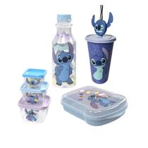 Kit Infantil Stitch Copo com Tampa e Canudo + Sanduicheira + 3 Pote Conect + Garrafa 500 ml