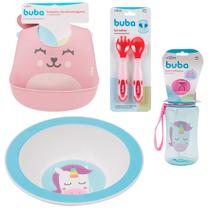 Kit Infantil Talher Garrafa Pratinho e Babador Bowl Unicórnio Buba