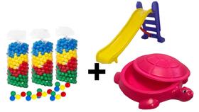 Kit Infantil Tanque para Bolinhas - Areia ou Agua Jabuti Rosa + Escorregador Médio + 70 Bolinhas 76mm Coloridas - Valentina Brinquedos