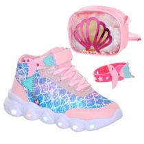Kit Infantil tenis de led sereia criança infantil meninas rosa