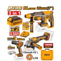 Kit ingco parafusadeira 1/2" esmerilhadeira angular 4.1/2" martelete rotativo 1" com bateria 20v