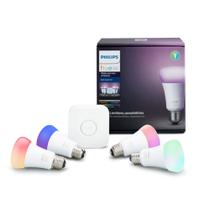 Kit inicial de lâmpadas inteligente Philips Hue A19 LED, 4 lâmpadas e hub Kit inicial de lâmpadas inteligente Philips Hue A19 LED, 4 lâmpadas e hub