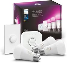 Kit inicial de luz inteligente Philips Hue com ponte, botão e 3 lâmpadas