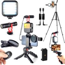 Kit Inicial para YouTube e Vlogs - iPhone 15, Android e Câmeras - com Microfone, Luz LED, Lente CPL e Controle Remoto