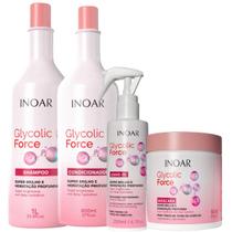 Kit Inoar Glycolic Force Shampoo 1L + Condicionador 800ml + Máscara 500g + Leave-in 200ml Kit Inoar Glycolic Force Shampoo 1L + Condicionador 800ml + Máscara 500g + Leave-in 200ml