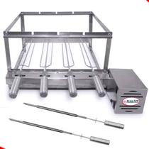 Kit Inox Churrasqueira Gira 4 Espetos Giratório Brasa Grill+ 2 Espetos Picanha