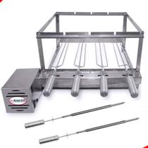 Kit Inox Churrasqueira Gira 4 Espetos Giratório Brasa Grill+ 2 Espetos Picanha