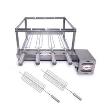 Kit Inox Direito Churrasqueira Gira 4 Espetos Bi Volts Brasa Grill + 2 Espetos Grelha Giratório