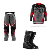 Kit Insane X Cinza Vermelho 3 Itens Camisa Calça e Bota (Camisa G Calça 44 Bota 42)