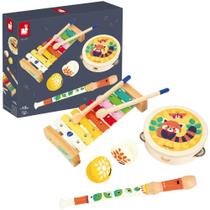 Kit Instrumentos Infantis Madeira Xilofone Flauta Pandeiro e Castanholas Para Crianças +18 Meses