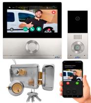 Kit Interfone Video Porteiro Eletrônico Residencial Slim Com Fechadura Eletrica Reversivel de Sobrepor