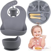 Kit Introdução Alimentar Bebê Silicone Prato Talheres Copo Babador Tigela com Ventosa