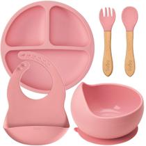 Kit Introdução Alimentar Blw Prato Bowl Talheres Babador Em Silicone Rosa Buba