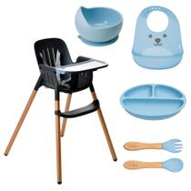 Kit Introdução Alimentar Cadeira Poke Pratinho Bowl Babador E Colher De Silicone Azul BPAFree para Microondas e Lava Louças Buba