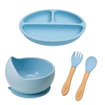 Kit Introdução Alimentar Pratinho Bowl e Talheres BPAFree para Microondas e Lava Louças Buba Silicone Azul