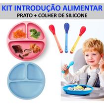 Kit Introdução Alimentar Prato Silicone e Ventosa + Colher Silicone Termosensível Bebê Menino Menina