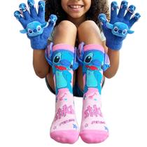 Kit Inverno Menina 6 a 12 Anos: Meia 3D Divertida + Luva Térmica Stitch Cores Sortidas Conforto e Estilo