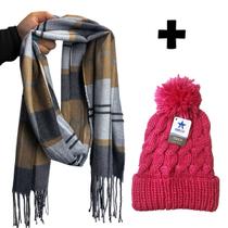 Kit Inverno Para Dias Frios Cachecol Xadrez Blogueira Com Touca Pompom Pink Quentinha E Macia