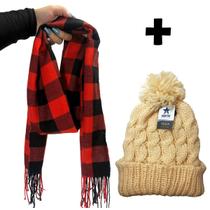 Kit Inverno Para Frio Cachecol Xadrez Influencer Com Touca De Pompom Quentinha E Macia Para Dias Gelados